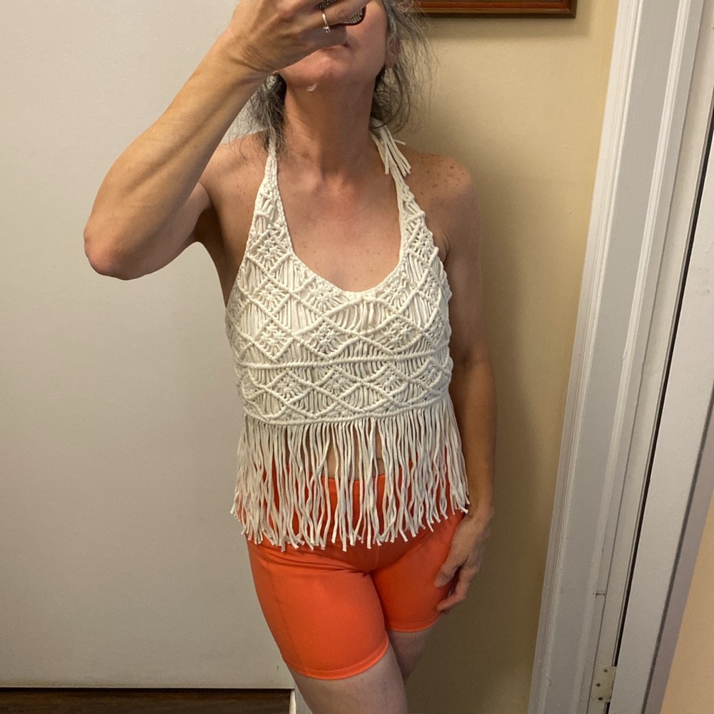 Festival Ready Guess Fringe Macrame Halter Crop Top